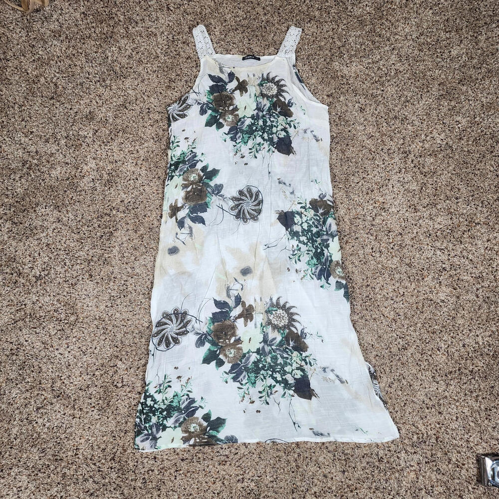 Izuria Linen Midi Dress Floral size L White Green Tan Midi Lined Sleeveless